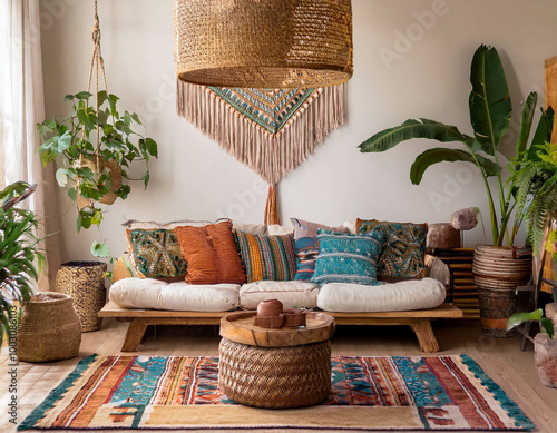 A bohemian-style living room with a mix of patterned rugs, a low-slung sofa with vibrant cus photo