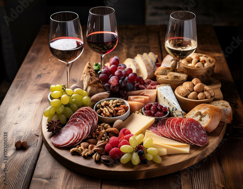 A beautifully arranged charcuterie board on a rustic wooden table, filled with a variety of photo