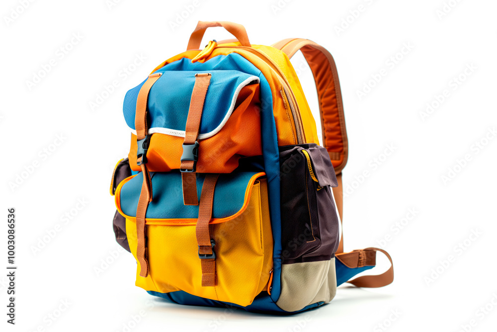 A colorful backpack with multiple pockets isolated on white background. Concept of travel and school essentials A colorful backpack with multiple pockets isolated on white background. Concept of travel and school essentials