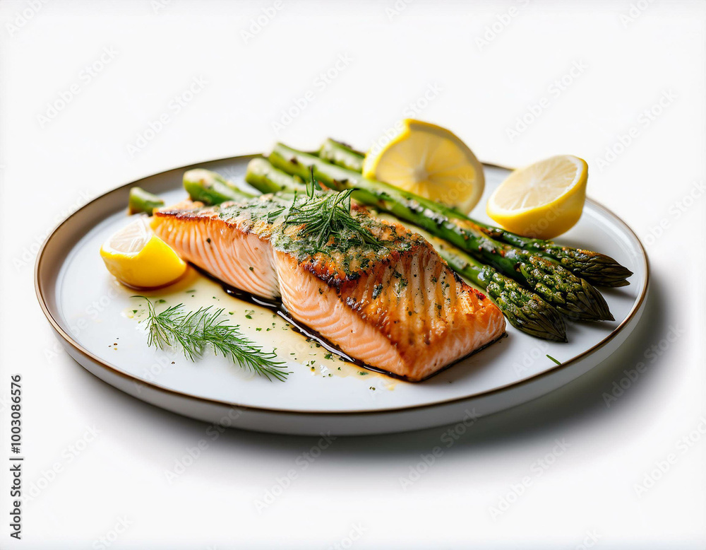 A beautifully plated seafood dish featuring grilled salmon, asparagus, and lemon wedges. The A beautifully plated seafood dish featuring grilled salmon, asparagus, and lemon wedges. The