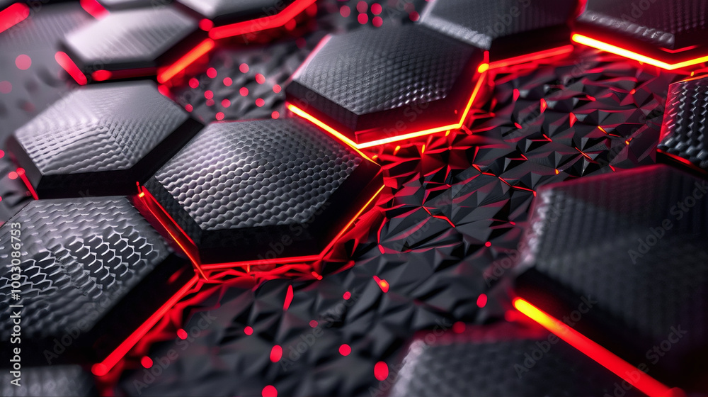 Fototapeta premium Digital red and black hexagon grid technology background