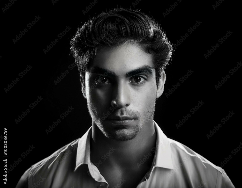 A black-and-white portrait of a young man with strong facial features and textured hair, cap A black-and-white portrait of a young man with strong facial features and textured hair, cap