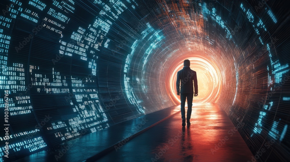 Man walking in futuristic technology tunnel with computer code