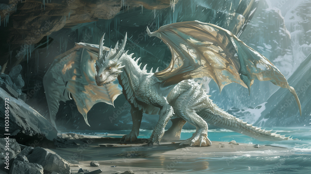 Fototapeta premium White Fantasy Dragon in Icy Cave