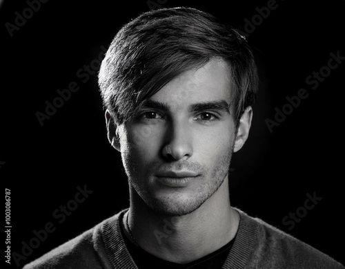 A black-and-white portrait of a young man with strong facial features and textured hair, cap photo