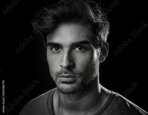 A black-and-white portrait of a young man with strong facial features and textured hair, cap