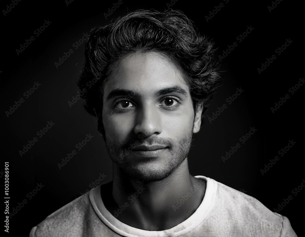 A black-and-white portrait of a young man with strong facial features and textured hair, cap A black-and-white portrait of a young man with strong facial features and textured hair, cap