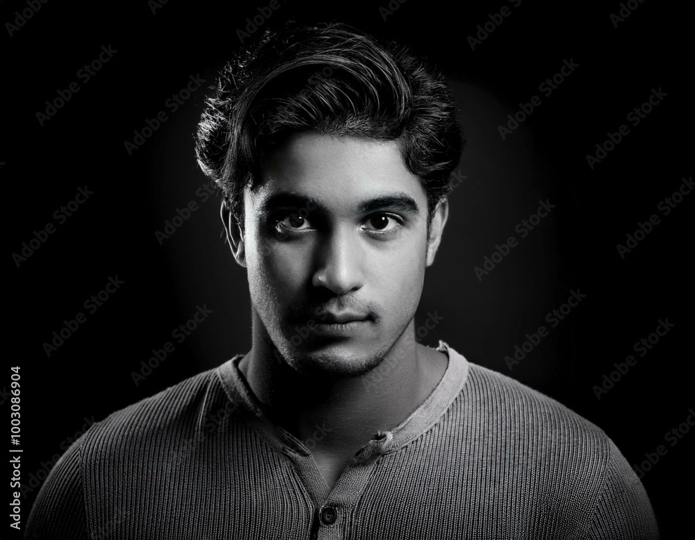 Obraz premium A black-and-white portrait of a young man with strong facial features and textured hair, cap