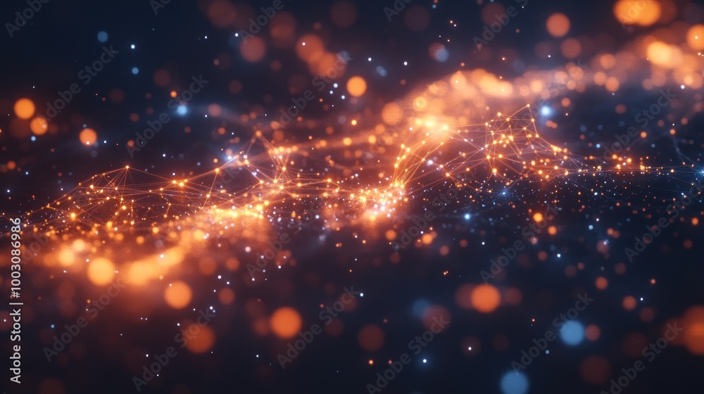 Abstract digital visualization of interconnected nodes and glowing particles in space. Abstract digital visualization of interconnected nodes and glowing particles in space.