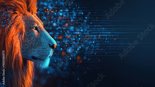 A digital art representation of a lion's profile with a vibrant, abstract background.