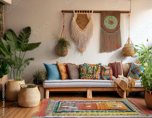 A bohemian-style living room with a mix of patterned rugs, a low-slung sofa with vibrant cus photo