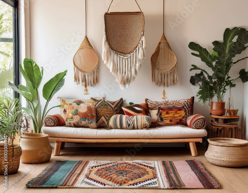 A bohemian-style living room with a mix of patterned rugs, a low-slung sofa with vibrant cus photo