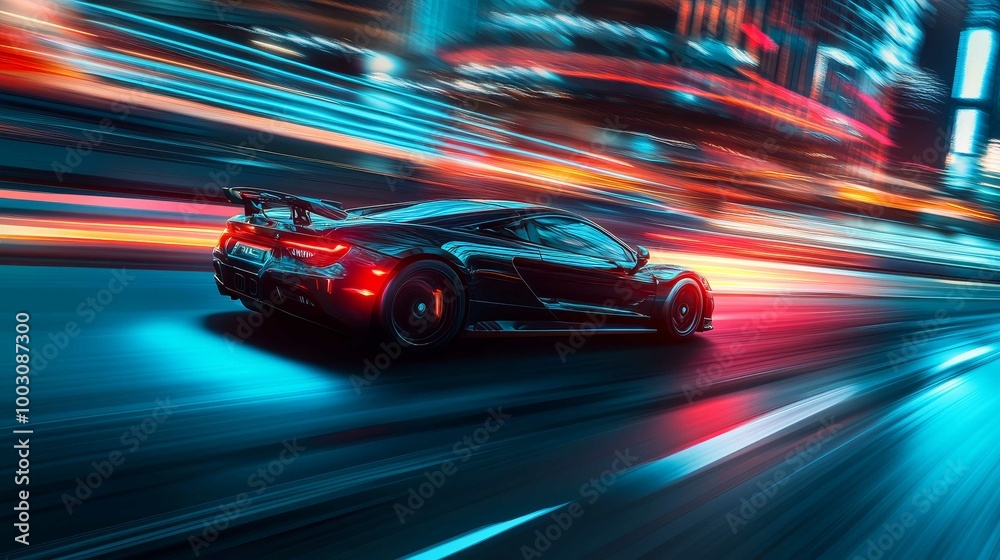 Fototapeta premium A high-speed sports car blurs through an urban setting, reflecting motion blur and adrenaline.