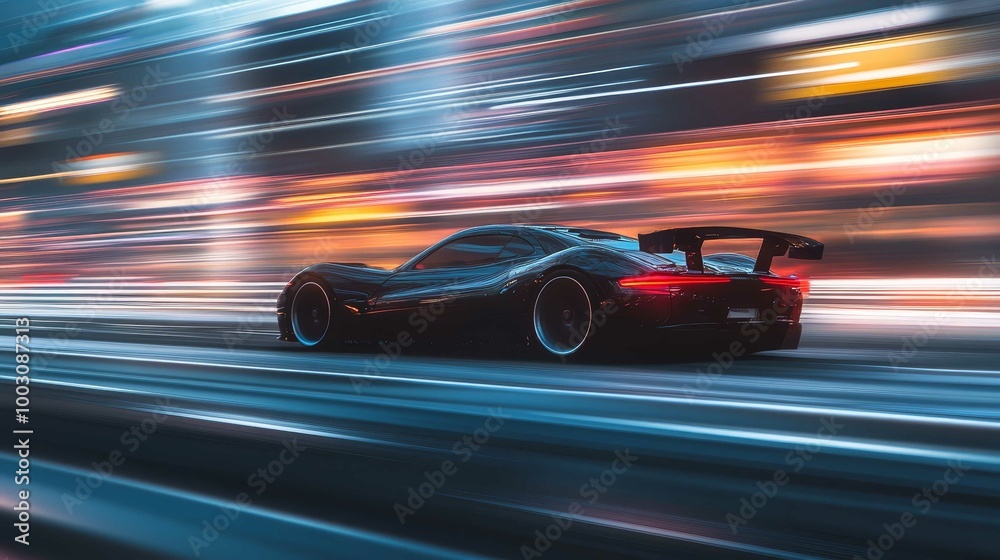 A high-speed sports car blurs through an urban setting, reflecting motion blur and adrenaline. A high-speed sports car blurs through an urban setting, reflecting motion blur and adrenaline.