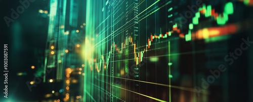 Financial Market Dynamics: Abstract close-up of vibrant green and red stock market data displayed on a large digital screen, suggesting rapid financial growth and technological advancement.