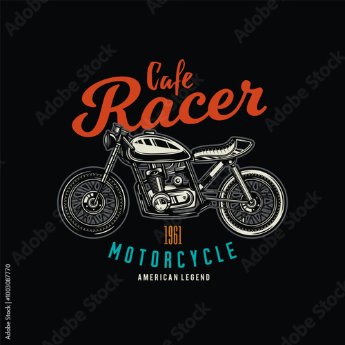 Cafe racer custom motorcycle. Original vector illustration in vintage style isolated on light background. T-shirt design.