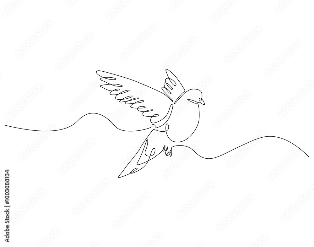 Continuous one line drawing of flying pigeon. One line drawing illustration of dove bird flying. National pigeon day concept line art. Editable outline