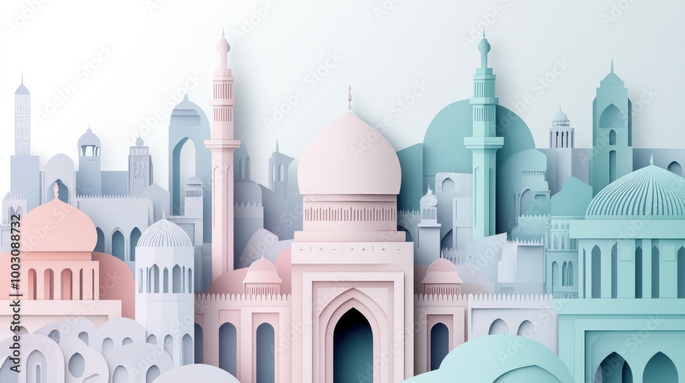 Fototapeta premium A stylized paper-cut cityscape featuring diverse architectural elements.