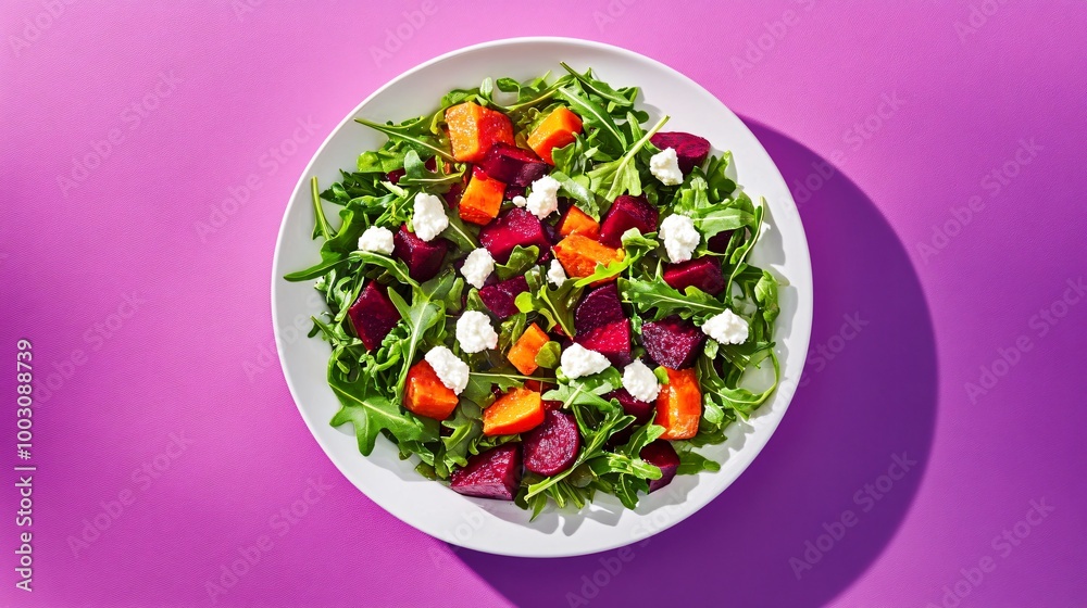 Arugula and roasted beet salad with goat cheese, placed on a white ceramic dish against a bold neon purple backdrop Arugula and roasted beet salad with goat cheese, placed on a white ceramic dish against a bold neon purple backdrop