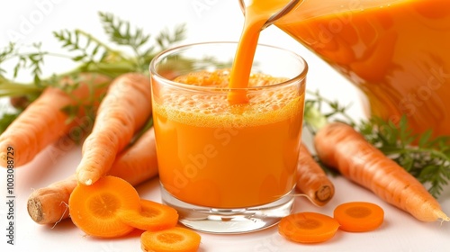 Vibrant orange carrot juice flowing from a glass pitcher into a cup with fresh carrots nearby