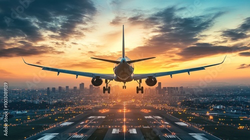 Airplane landing at sunset over a city skyline with illuminated runways.