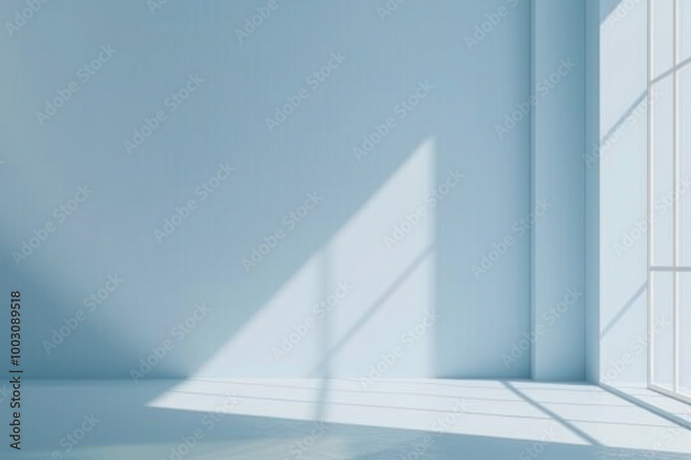 Fototapeta premium Beautiful original background image of an empty space in pale blue tones with a play of light and shadow on the wall and floor for design or creative work 8k