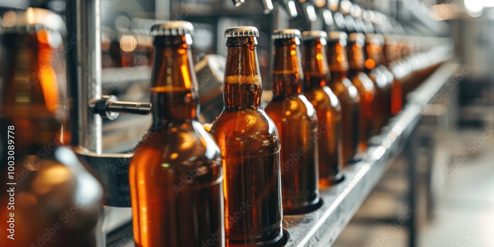 Detailed view of brown beer bottles on a contemporary automated bottling line in a brewery, highlighting processes such as pasteurization, germ elimination, and glass sanitation. Detailed view of brown beer bottles on a contemporary automated bottling line in a brewery, highlighting processes such as pasteurization, germ elimination, and glass sanitation.