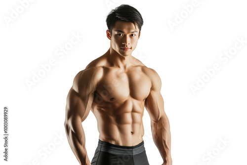 Strong and muscular young asian man on blank background isolated cut out