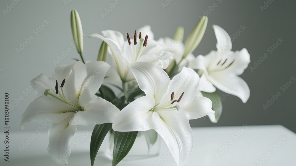 A bouquet of elegant white lilies arranged in a simple vase, showcasing their beauty. A bouquet of elegant white lilies arranged in a simple vase, showcasing their beauty.