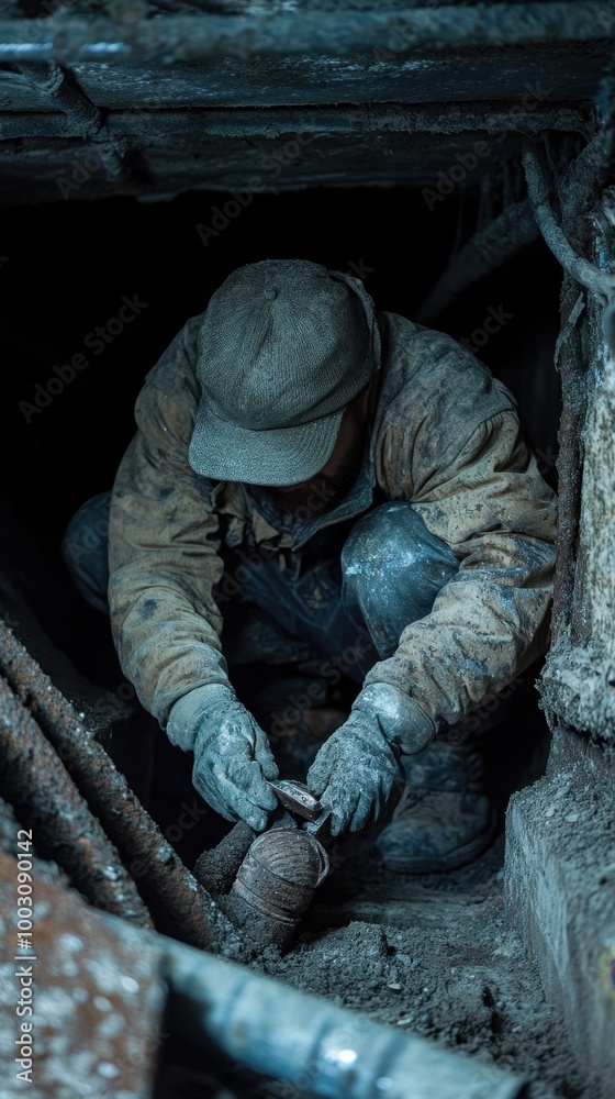 Technician Working in a Cramped Crawl Space Technician Working in a Cramped Crawl Space
