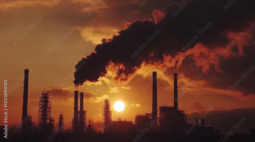 industrial factory with smoke against sunset sky industrial factory with smoke against sunset sky