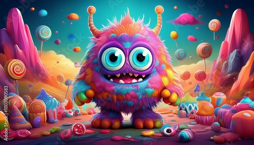 An adorable monster character with oversized eyes and bright, funky colors, standing in a fun, cartoonish landscape filled with candy and playful elements