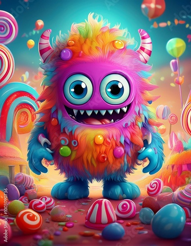 An adorable monster character with oversized eyes and bright, funky colors, standing in a fun, cartoonish landscape filled with candy and playful elements