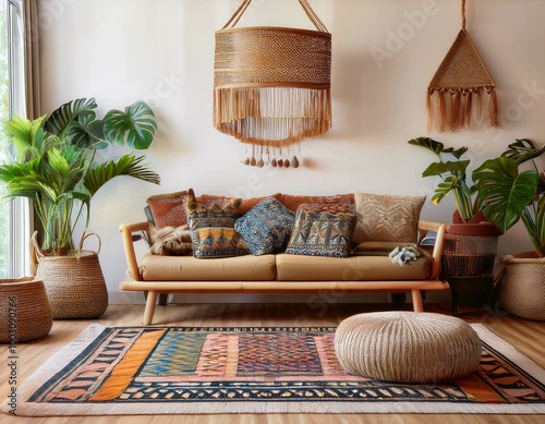 A bohemian-style living room with a mix of patterned rugs, a low-slung sofa with vibrant cus photo