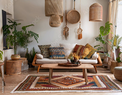 A bohemian-style living room with a mix of patterned rugs, a low-slung sofa with vibrant cus photo