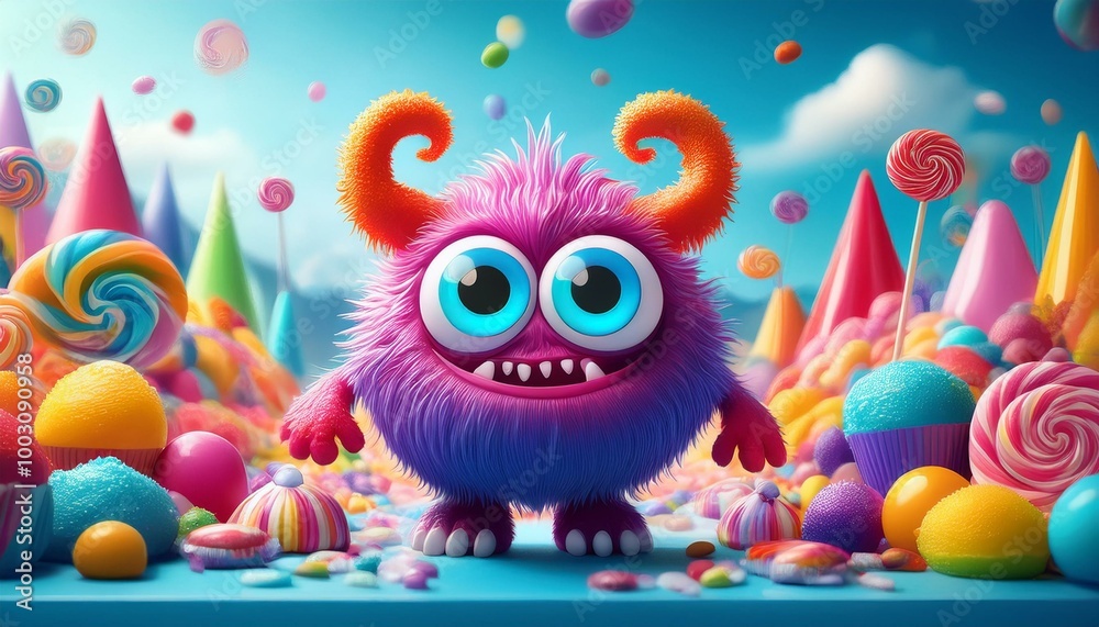 Fototapeta premium An adorable monster character with oversized eyes and bright, funky colors, standing in a fun, cartoonish landscape filled with candy and playful elements