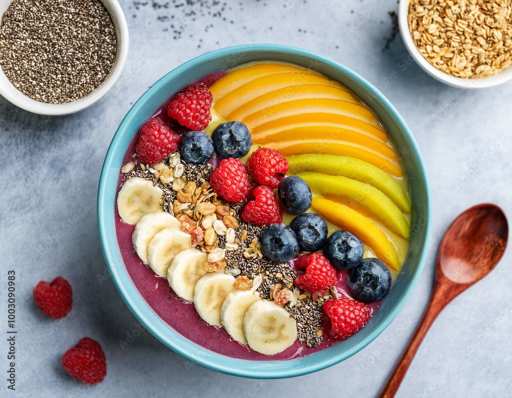A brightly colored smoothie bowl topped with fresh berries, banana slices, granola, and a sp A brightly colored smoothie bowl topped with fresh berries, banana slices, granola, and a sp