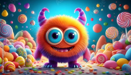 An adorable monster character with oversized eyes and bright, funky colors, standing in a fun, cartoonish landscape filled with candy and playful elements