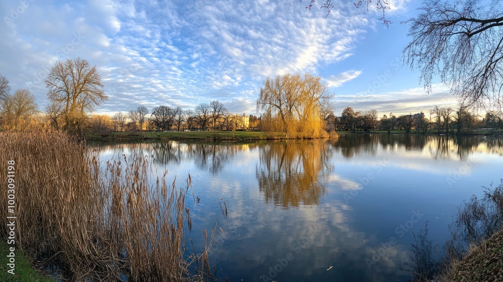 A serene lakeside scene with reflections of trees and clouds in calm waters. A serene lakeside scene with reflections of trees and clouds in calm waters.