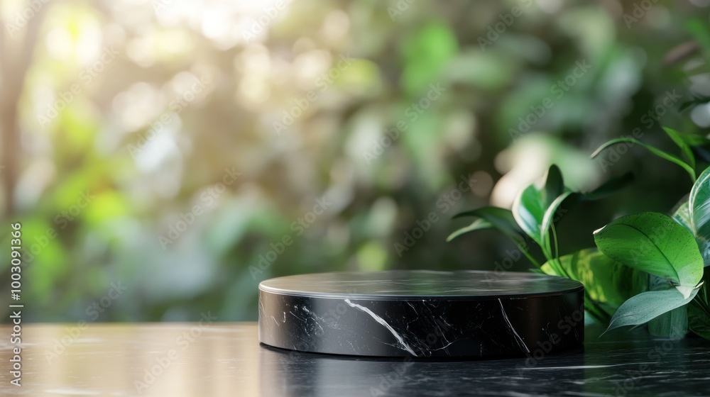 A sleek black marble platform surrounded by lush greenery, ideal for product display. A sleek black marble platform surrounded by lush greenery, ideal for product display.