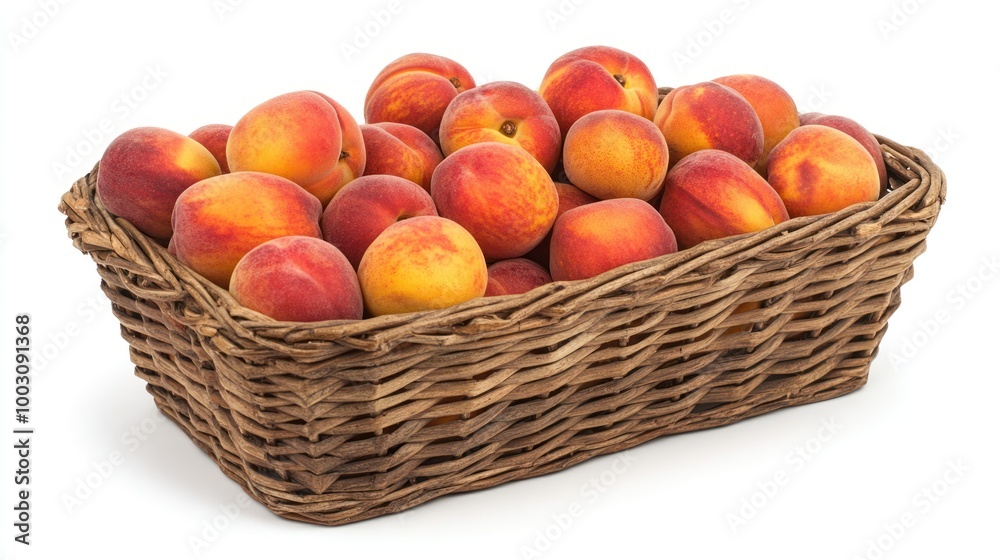 A wicker basket filled with ripe peaches, showcasing their vibrant colors and natural beauty. A wicker basket filled with ripe peaches, showcasing their vibrant colors and natural beauty.