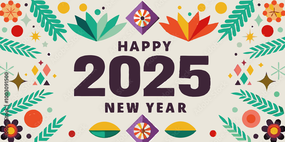 Vibrant 2025 Happy New Year Card with Geometric Patterns and Festive Design Vibrant 2025 Happy New Year Card with Geometric Patterns and Festive Design