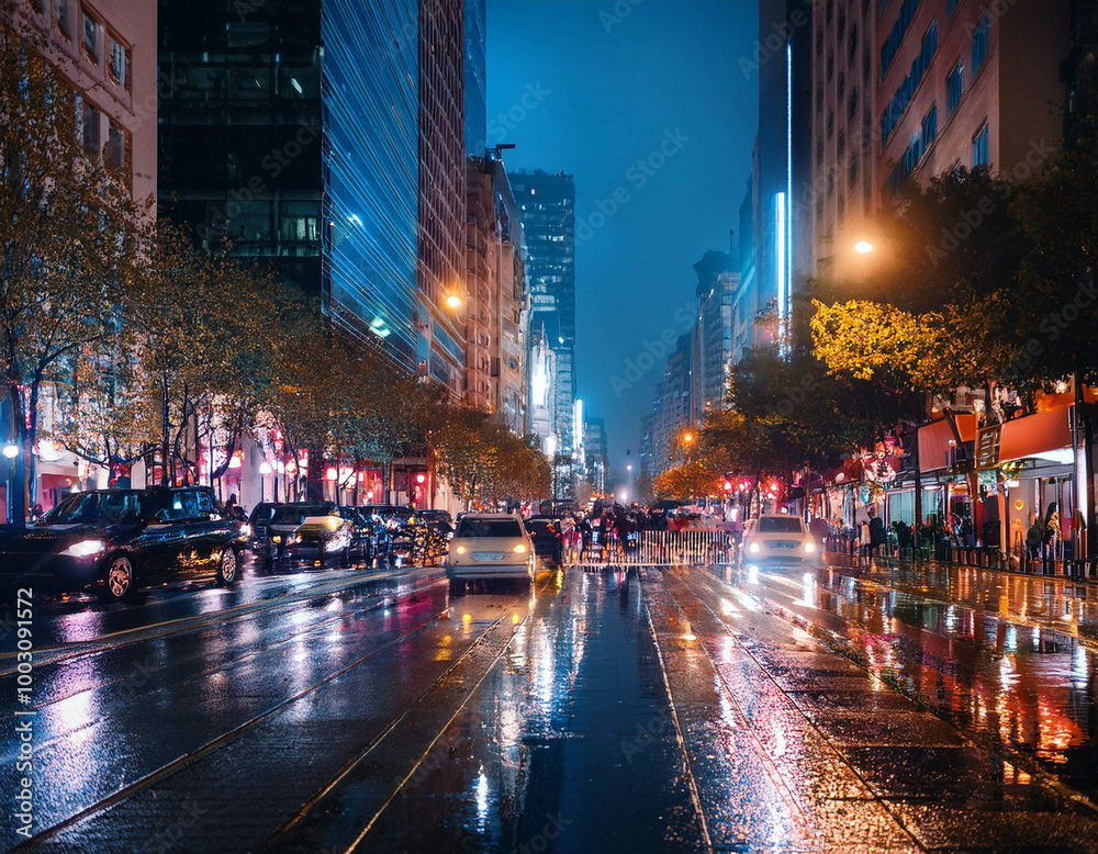 Naklejka premium A busy urban street at night with skyscrapers lit up and traffic moving below. Neon signs, t