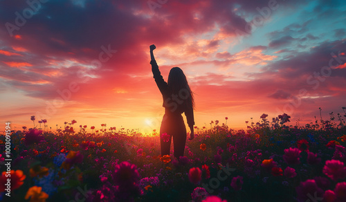Silhouette of a woman raising her arms in joy, standing in a vibrant flower field during sunset, symbolizing freedom, happiness, and personal empowerment.


