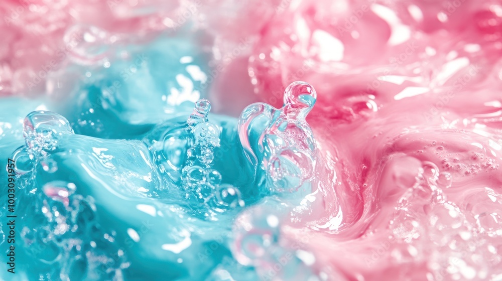 A close-up of swirling pink and blue liquids with bubbles, creating an abstract, vibrant effect. A close-up of swirling pink and blue liquids with bubbles, creating an abstract, vibrant effect.