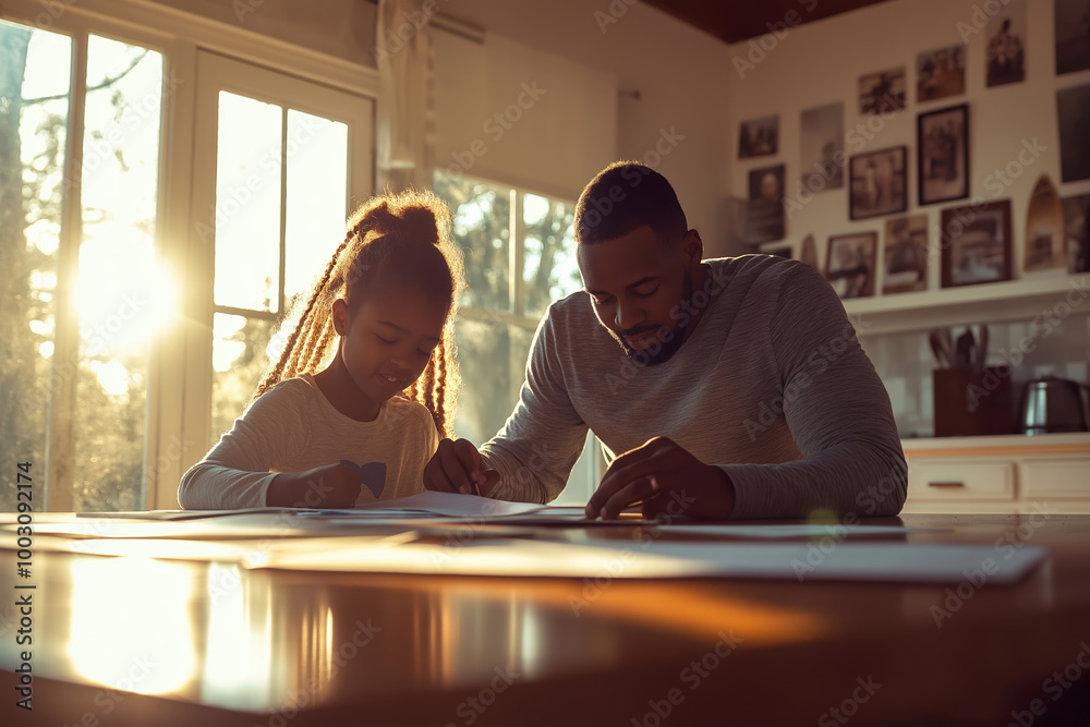 Father and daughter enjoying creative bonding moments, drawing together at home in warm lighting, family togetherness concept