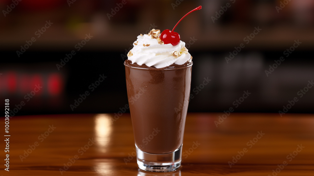 Chocolate milkshake topped with whipped cream and  cherry on wooden table