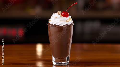 Chocolate milkshake topped with whipped cream and cherry on wooden table