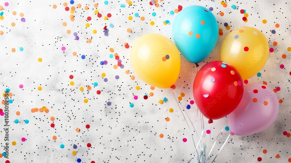 Vibrant balloons and confetti on white table festive flat lay for birthday celebrations Vibrant balloons and confetti on white table festive flat lay for birthday celebrations