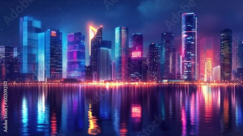 Vibrant city nightscape, modern skyscrapers illuminated by neon lights, reflecting in the water